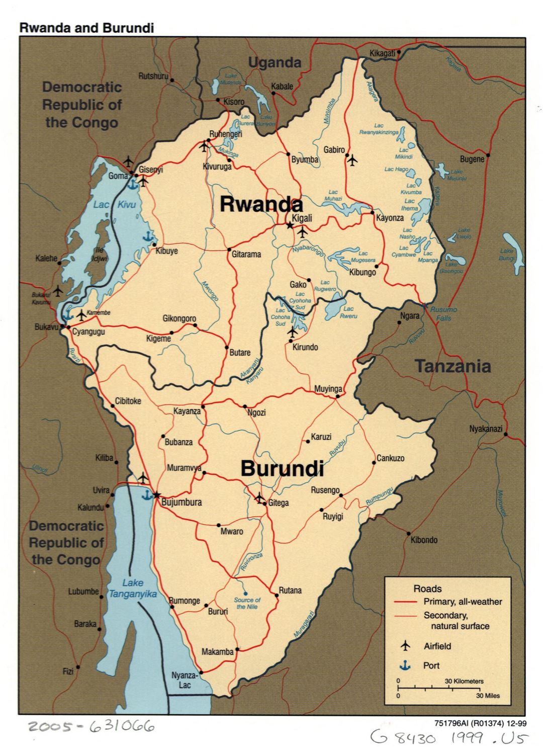 Большая детальная политическая карта Руанды и Бурунди с дорогами, крупными городами, портами и аэропортами - 1999