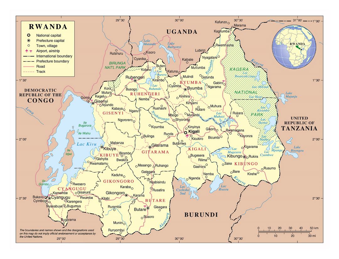 Большая политическая и административная карта Руанды с дорогами, всеми городами и аэропортами