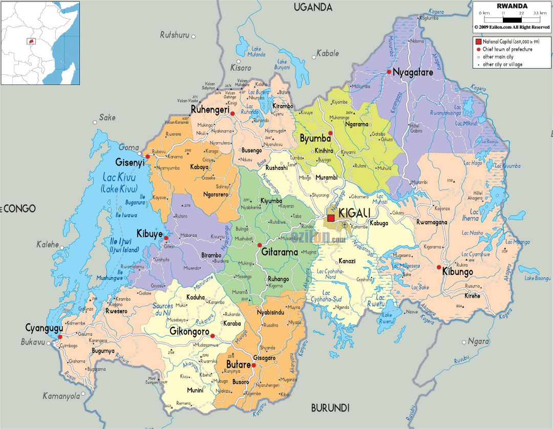 Большая политическая и административная карта Руанды с дорогами, городами и аэропортами