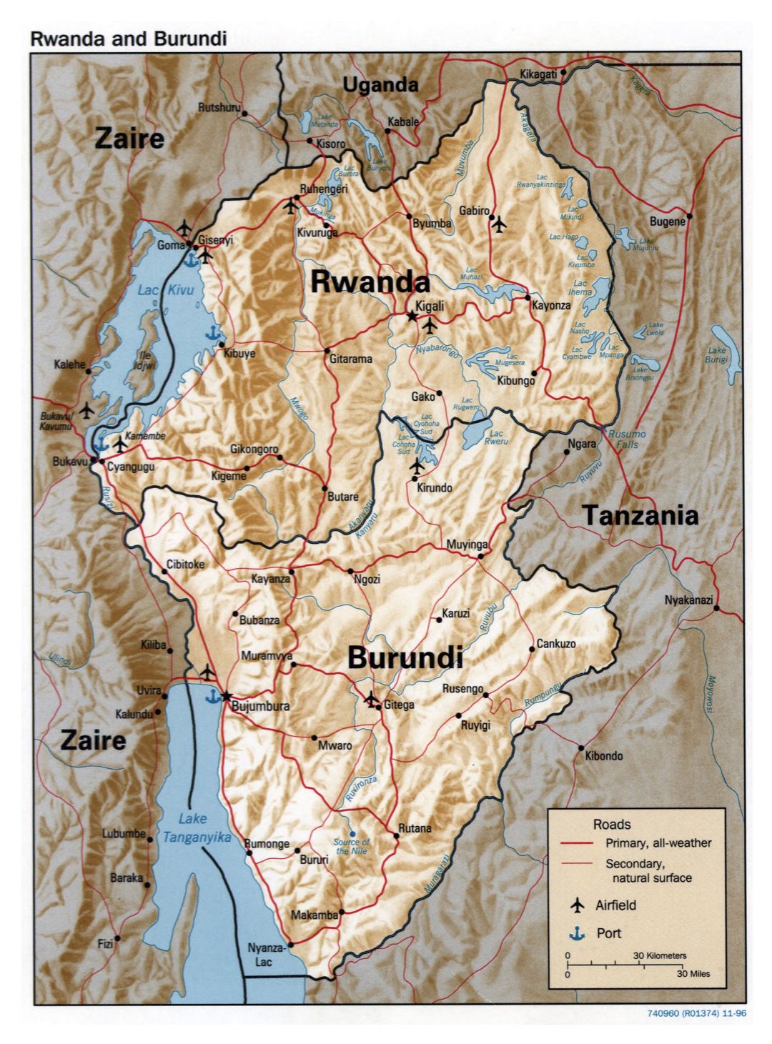 Большая политическая карта Руанды и Бурунди с рельефом, дорогами, крупными городами, портами и аэропортами - 1996