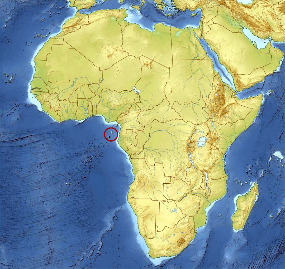 Детальная карта расположения Сан-Томе и Принсипи в Африке с рельефом