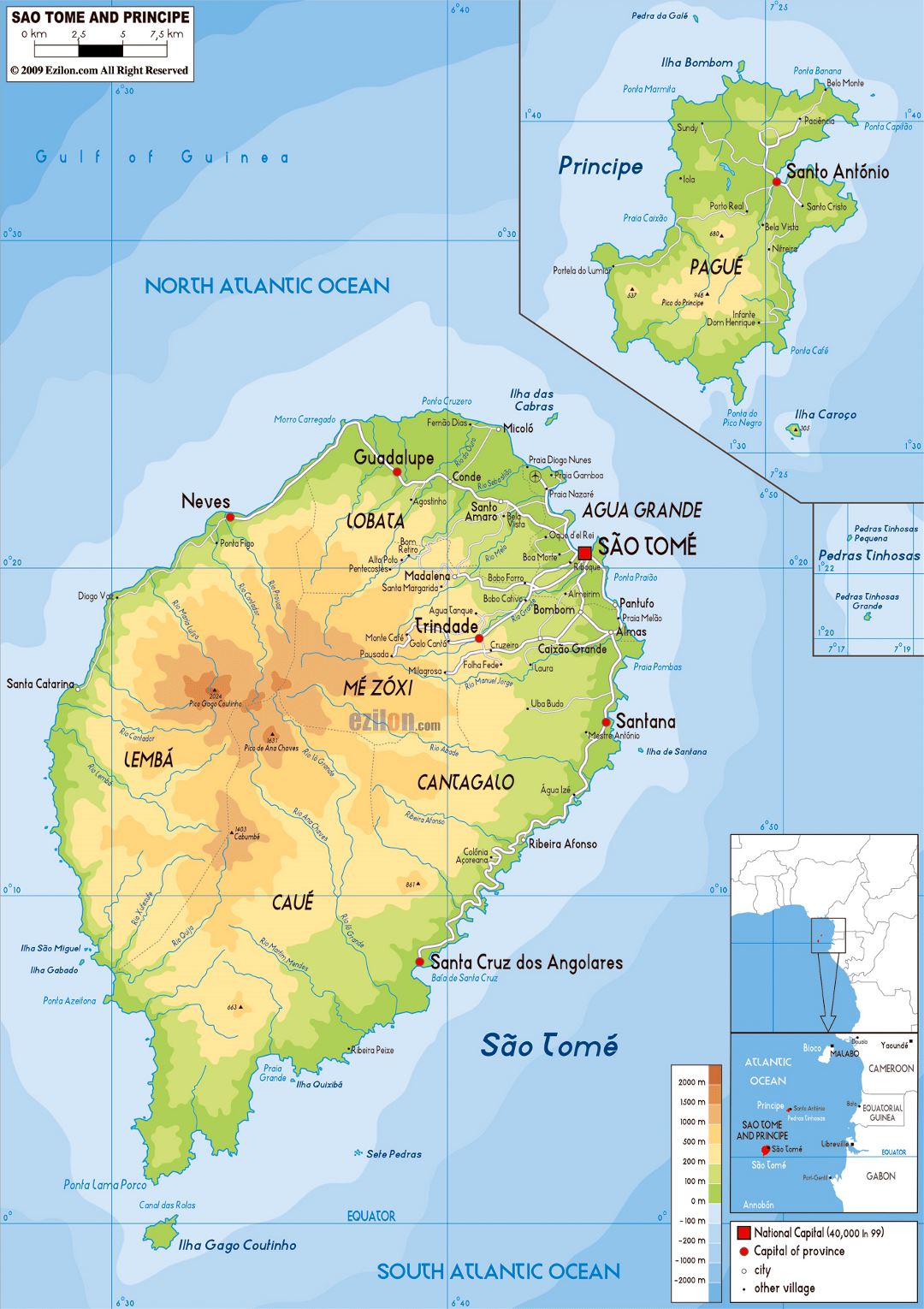 Большая физическая карта Сан-Томе и Принсипи с дорогами, городами и аэропортами