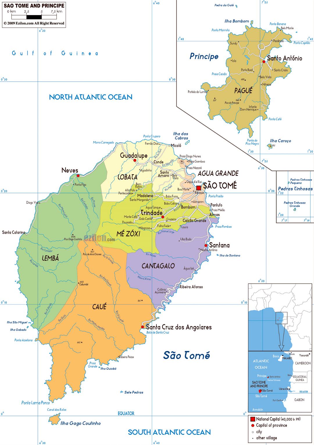 Большая политическая и административная карта Сан-Томе и Принсипи с дорогами, городами и аэропортами