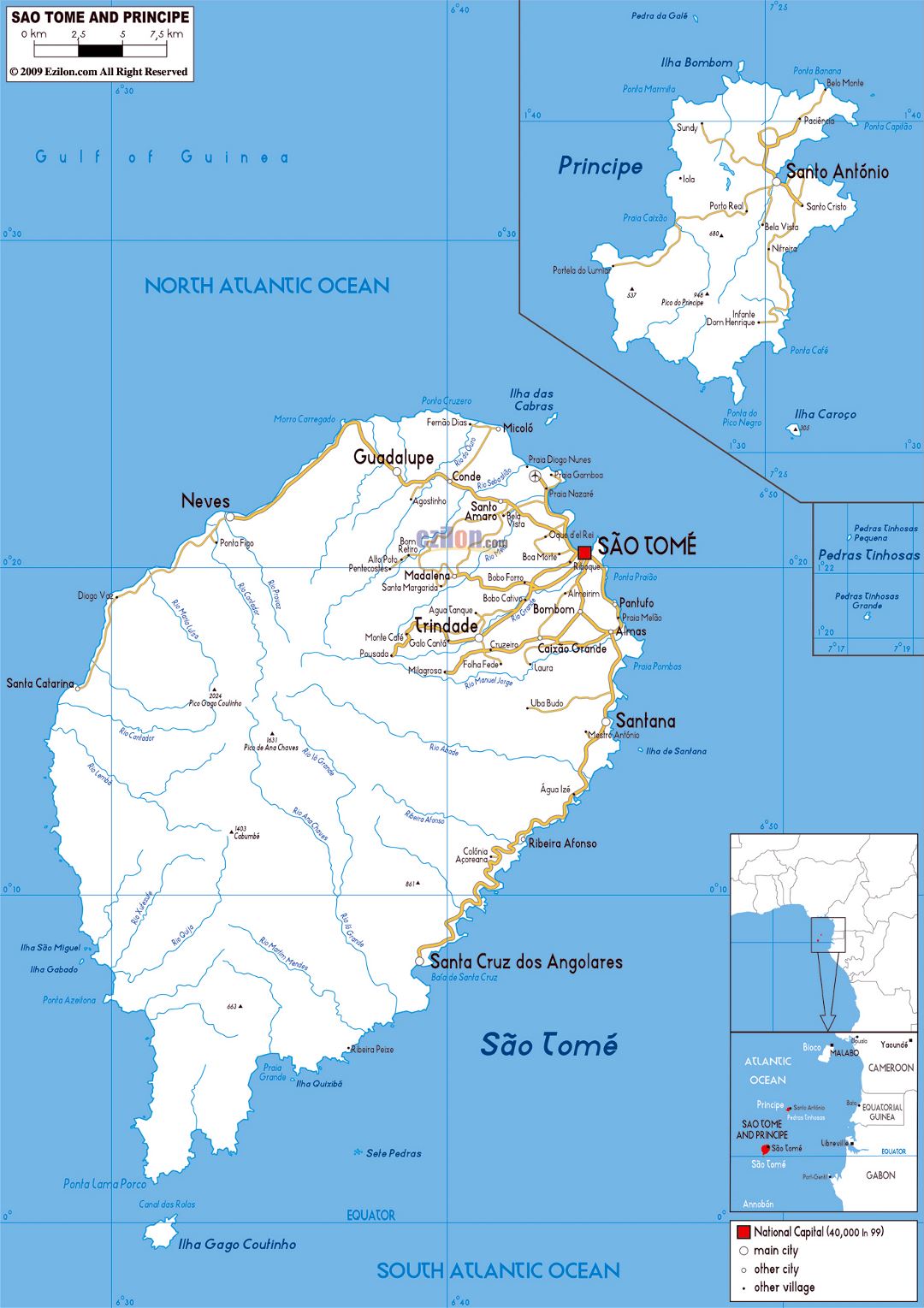 Большая карта дорог Сан-Томе и Принсипи с городами и аэропортами