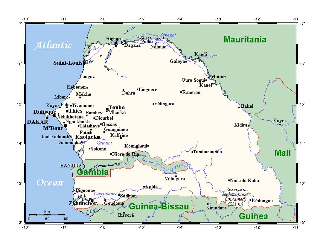 Детальная карта Сенегала со всеми городами