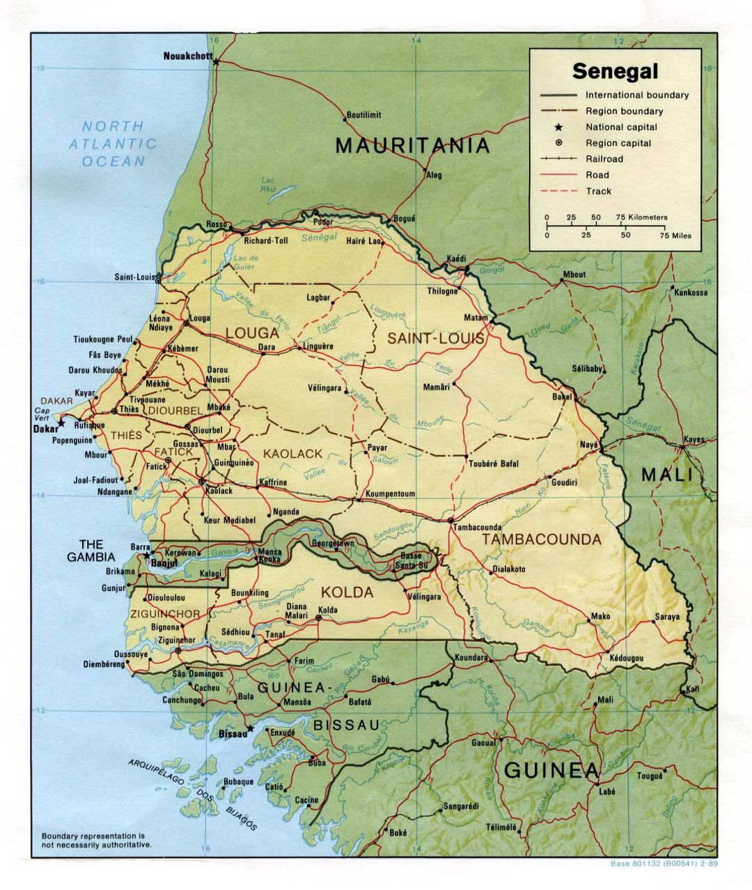 Детальная политическая и административная карта Сенегала с рельефом, дорогами, железными дорогами и крупными городами - 1989