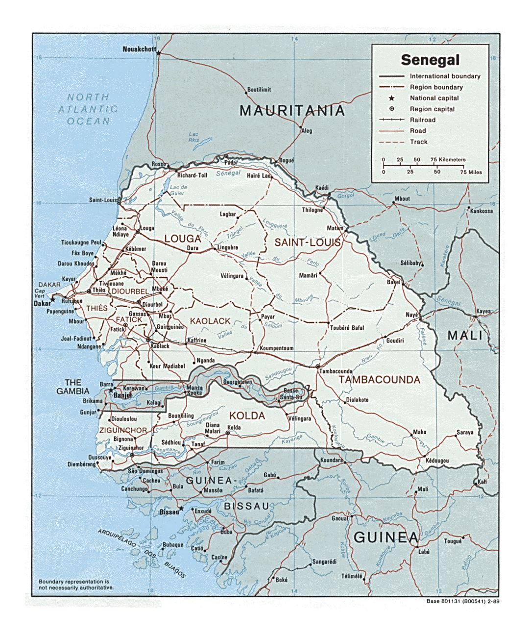 Детальная политическая и административная карта Сенегала с дорогами, железными дорогами и крупными городами - 1989