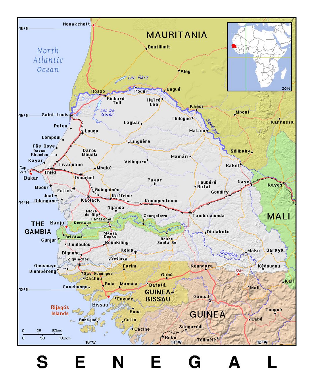 Детальная политическая карта Сенегала с рельефом