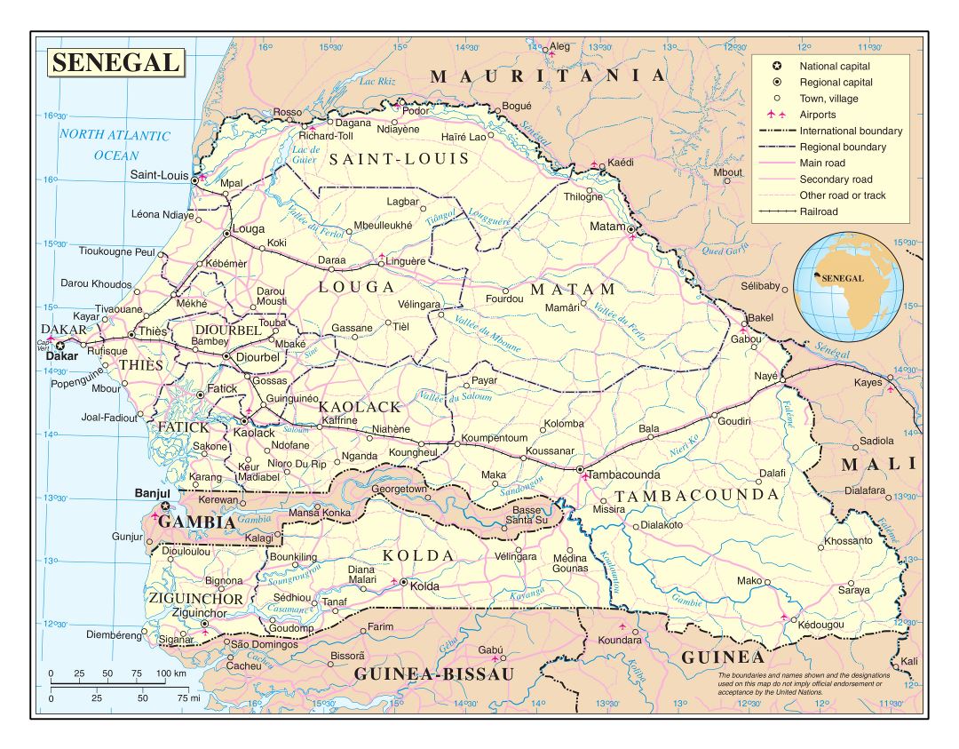 Большая детальная политическая и административная карта Сенегала с дорогами, железными дорогами, городами и аэропортами