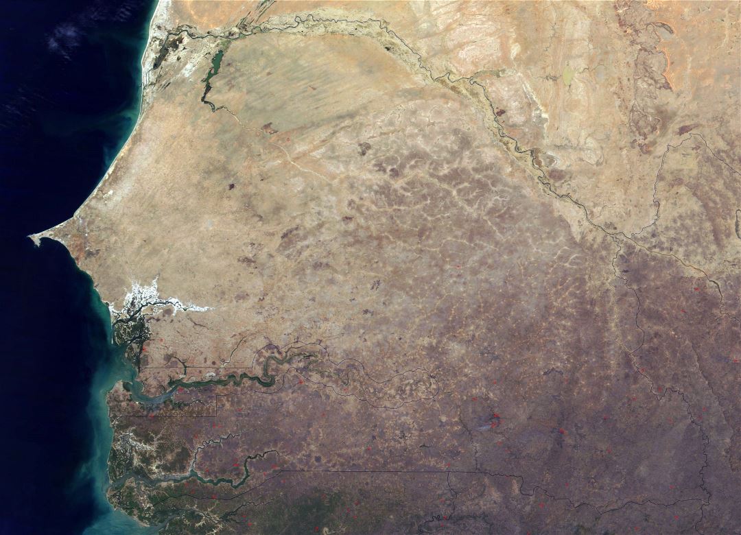 Большая детальная спутниковая карта Сенегала