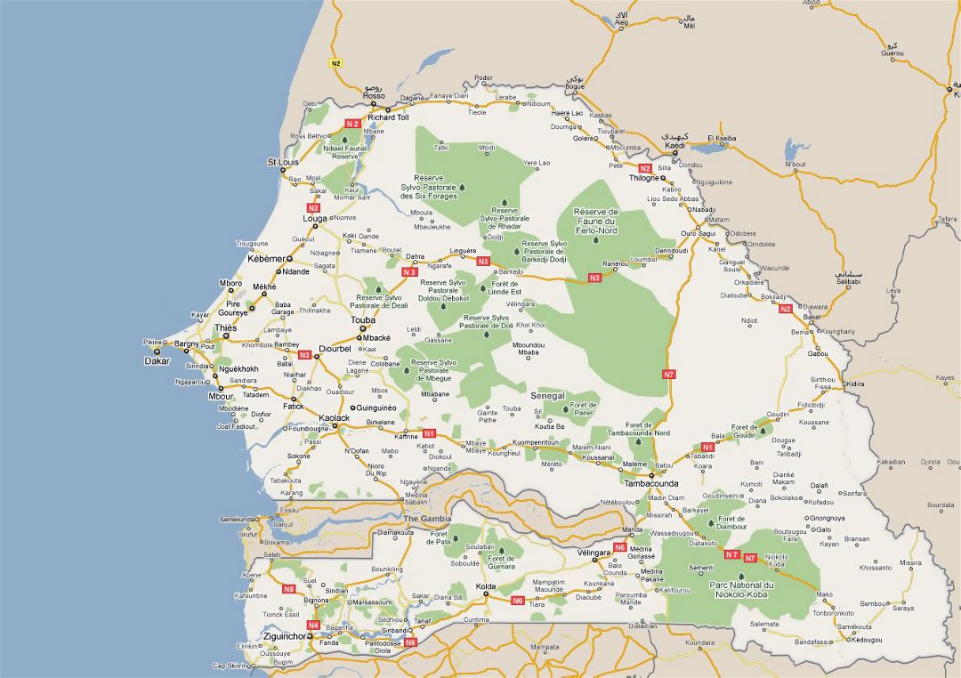 Большая карта дорог Сенегала со всеми городами и национальными парками