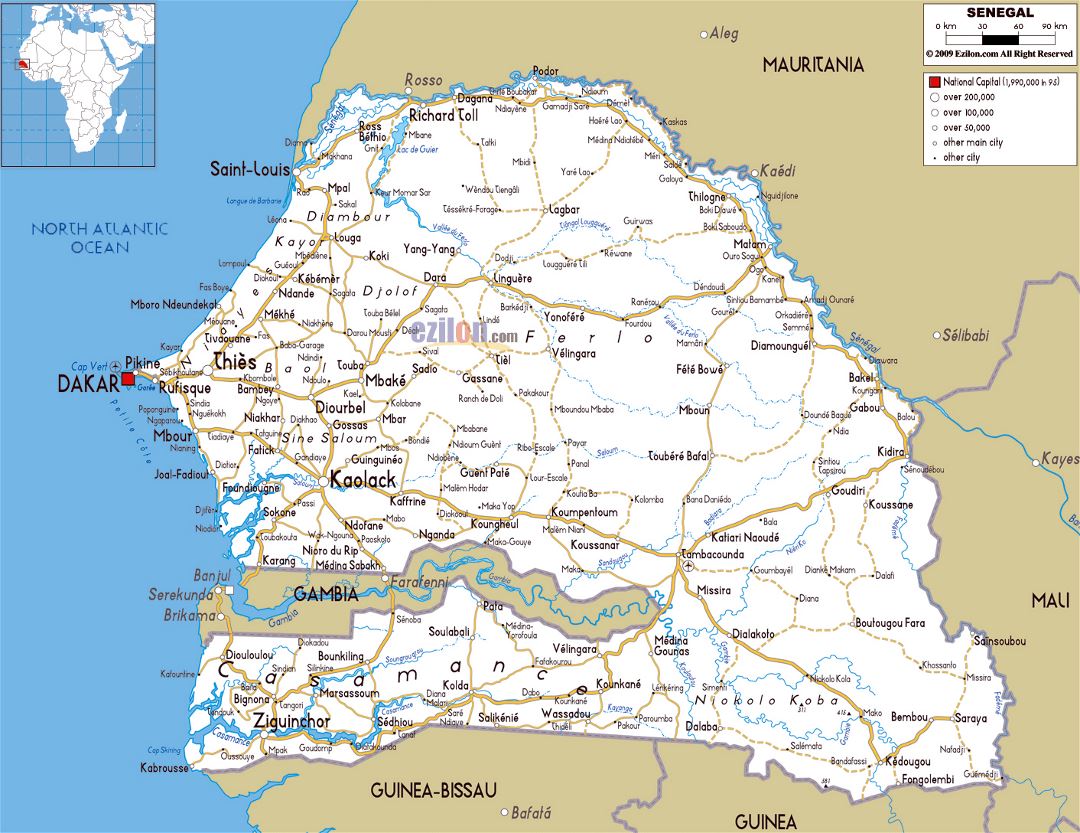 Большая карта дорог Сенегала с городами и аэропортами