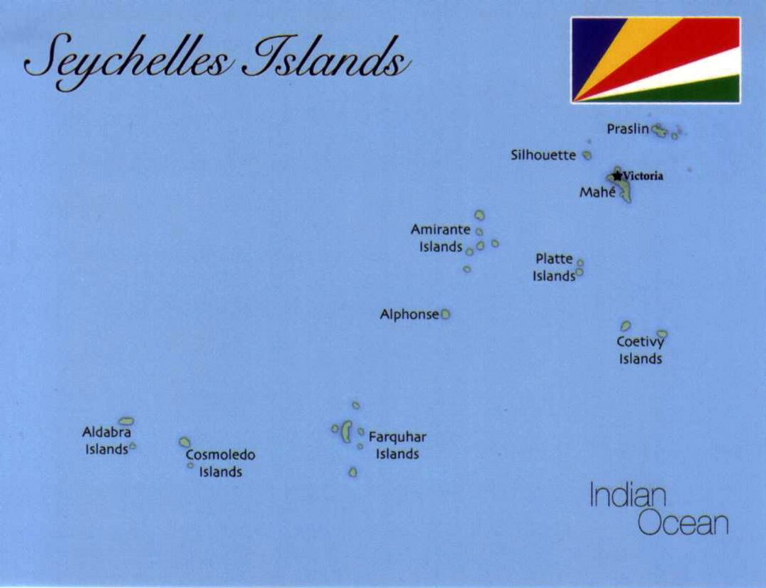 Детальная карта Сейшельских островов с флагом
