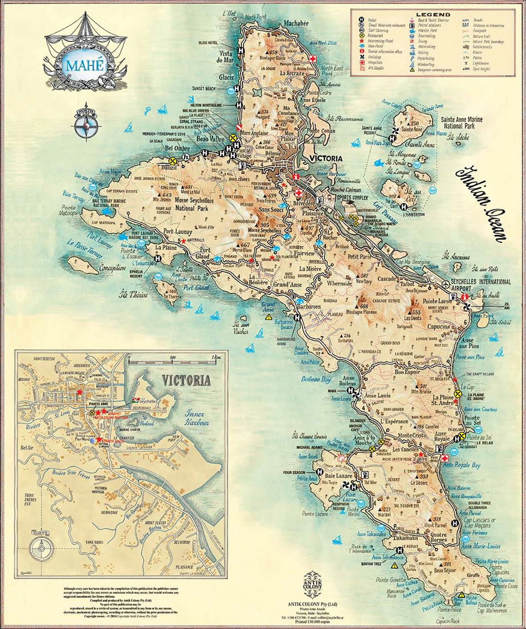 Детальная туристическая карта острова Маэ, Сейшельские острова с другими пометками