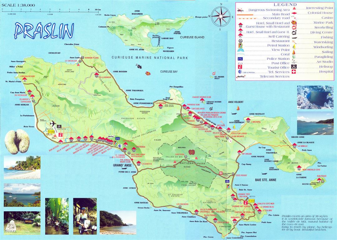 Большая детальная туристическая карта острова Праслин (Сейшельские острова)