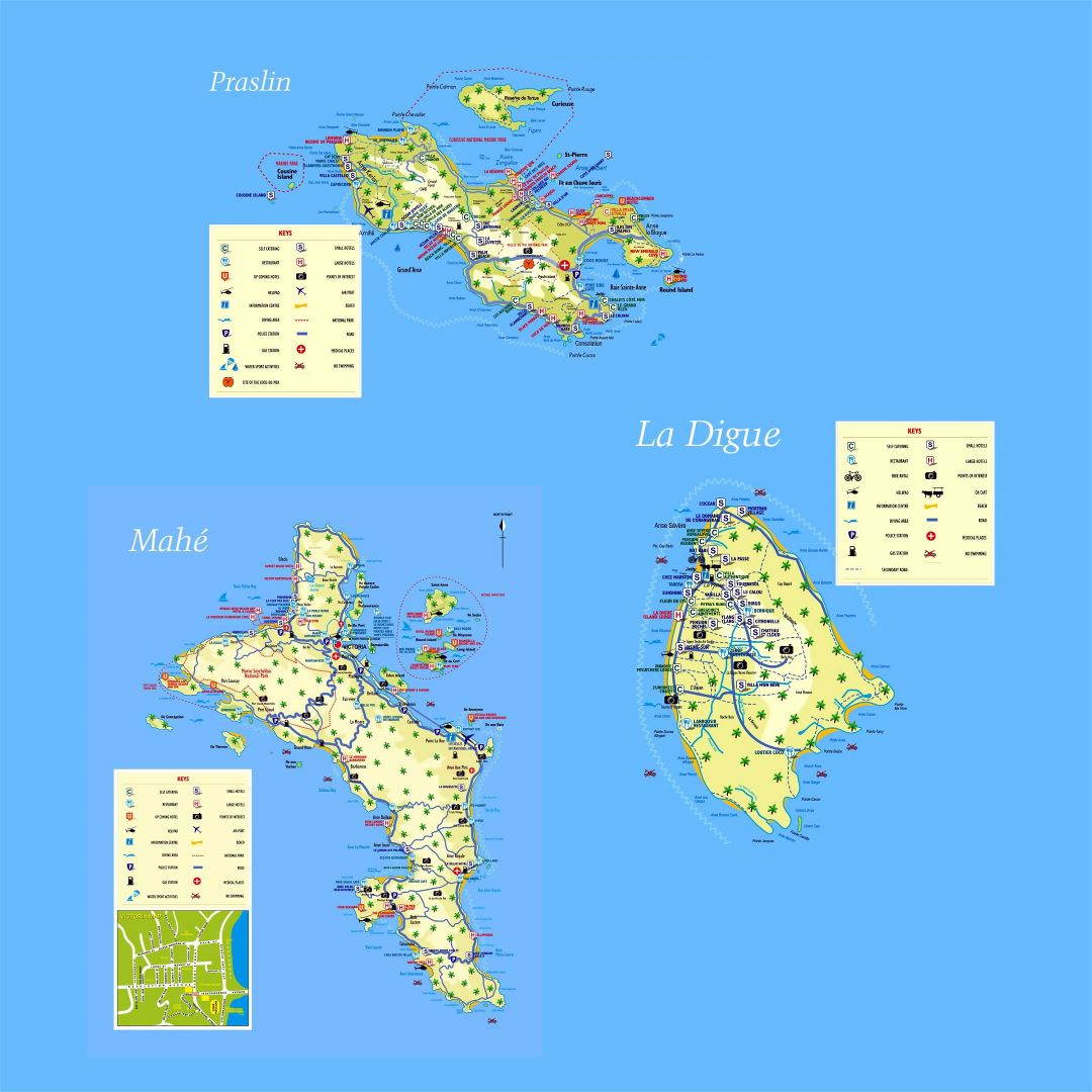 Большая детальная туристическая карта Сейшельских островов со всеми пометками