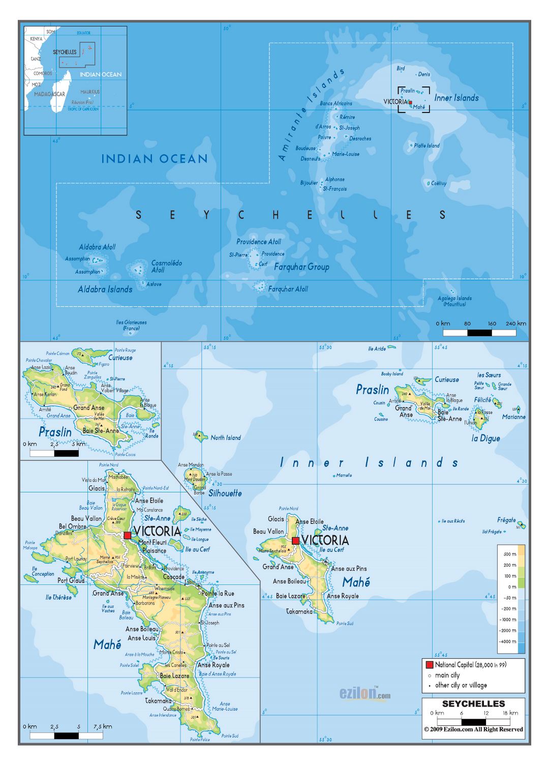Большая физическая карта Сейшельских островов с дорогами, всеми городами и аэропортами