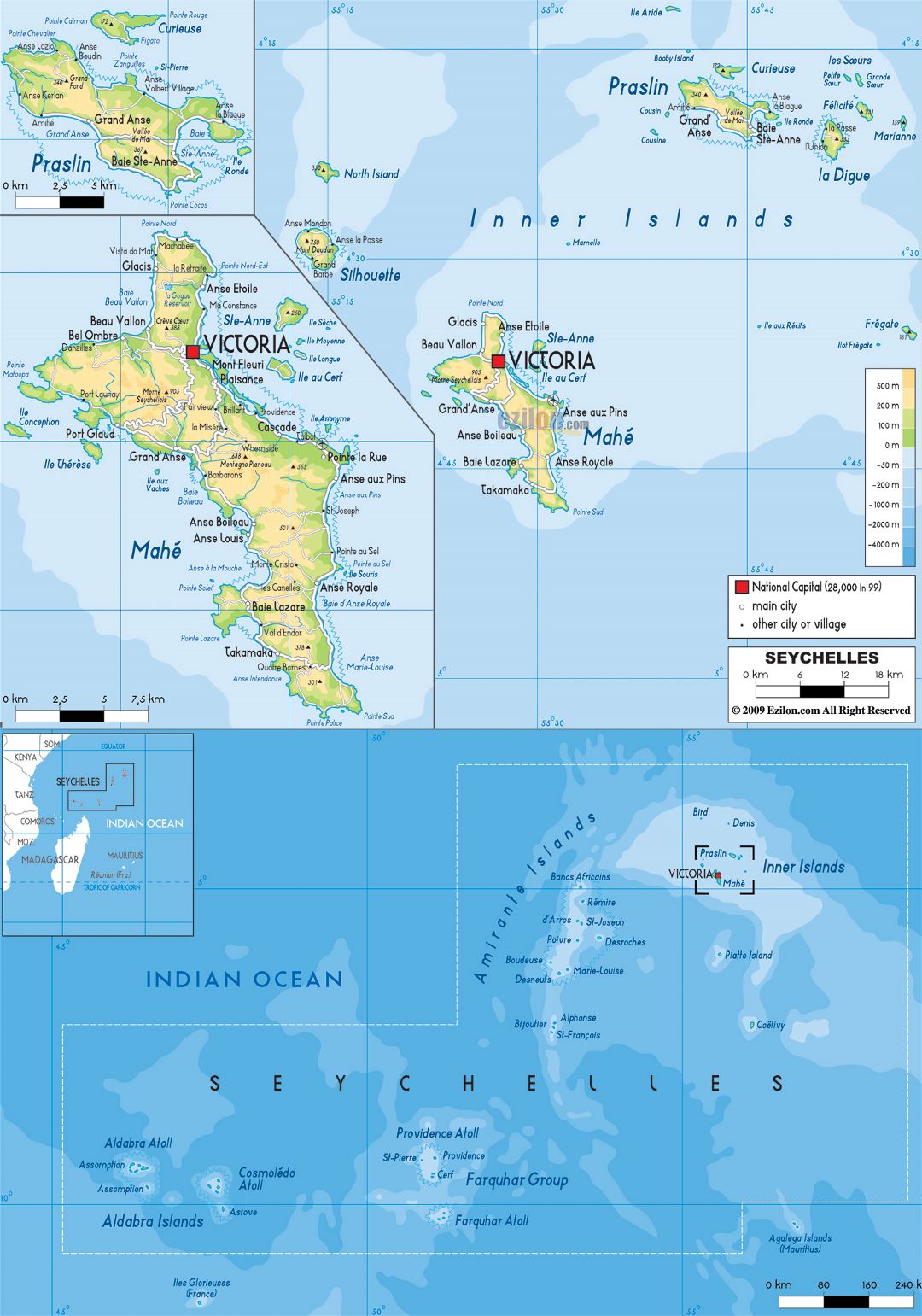 Большая физическая карта Сейшельских островов с дорогами, городами и аэропортами