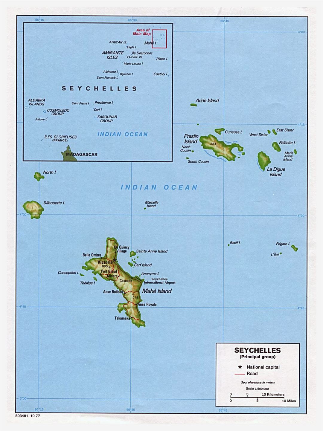 Большая политическая карта Сейшельских островов с рельефом, дорогами и крупными городами - 1977