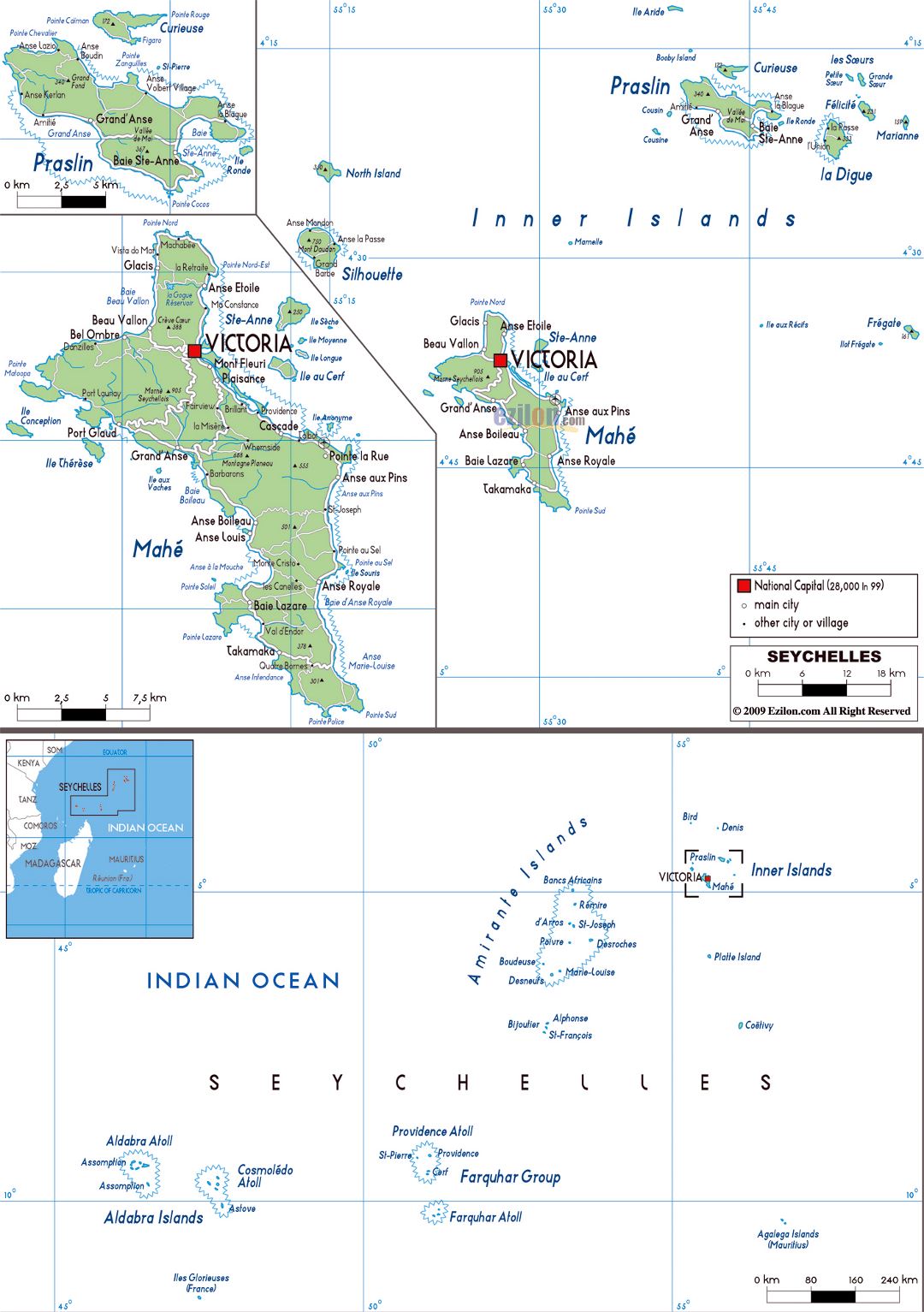 Большая политическая карта Сейшельских островов с дорогами, городами и аэропортами