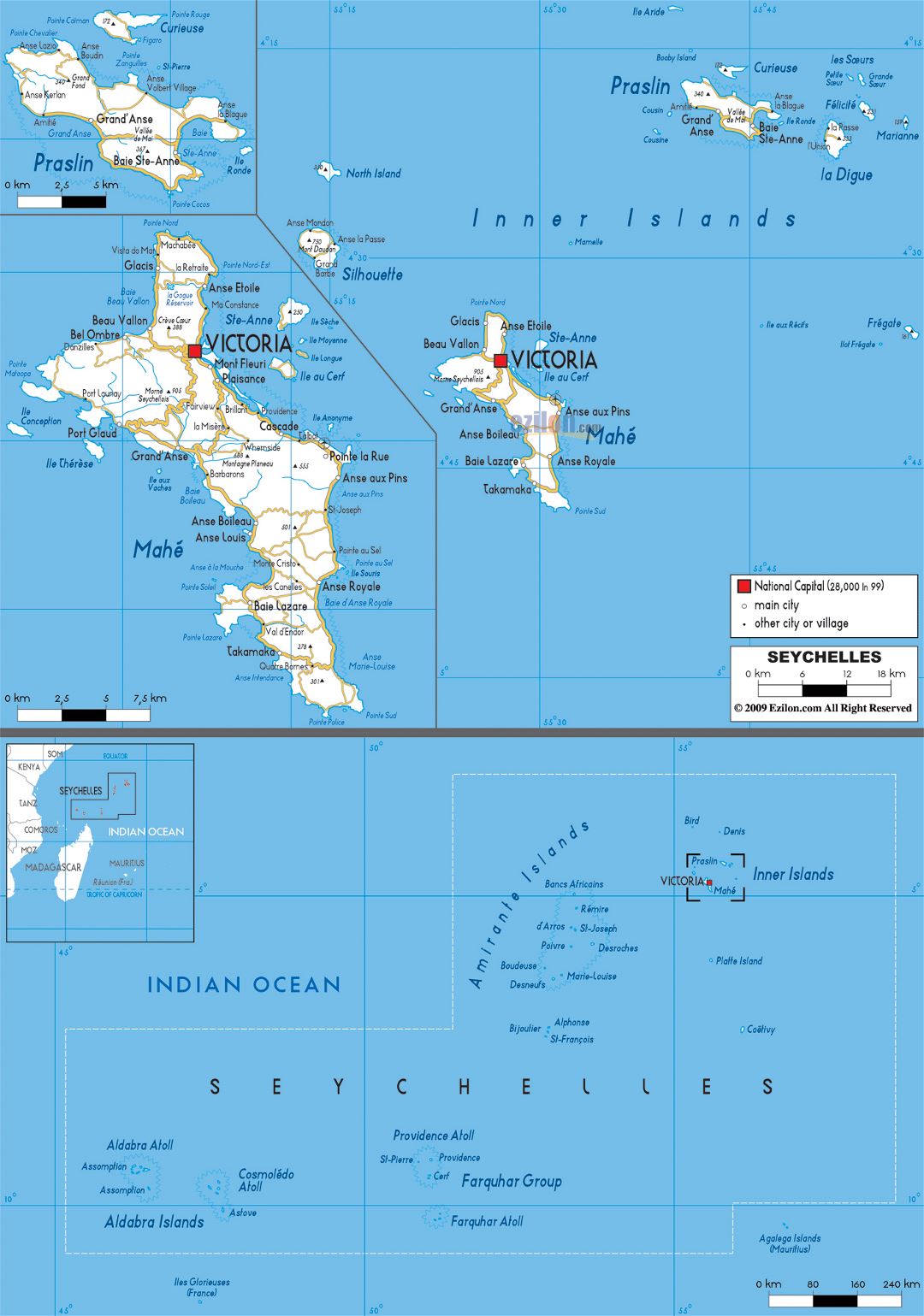 Большая карта дорог Сейшельских островов с городами и аэропортами