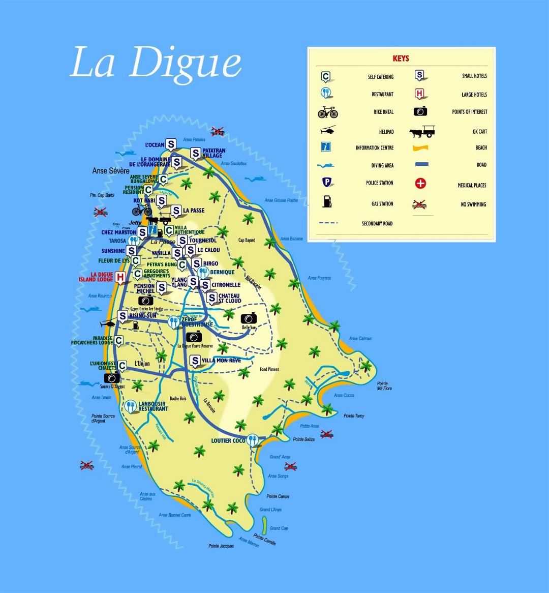 Большая туристическая карта острова Ла-Диг (Сейшельские острова) со всеми пометками