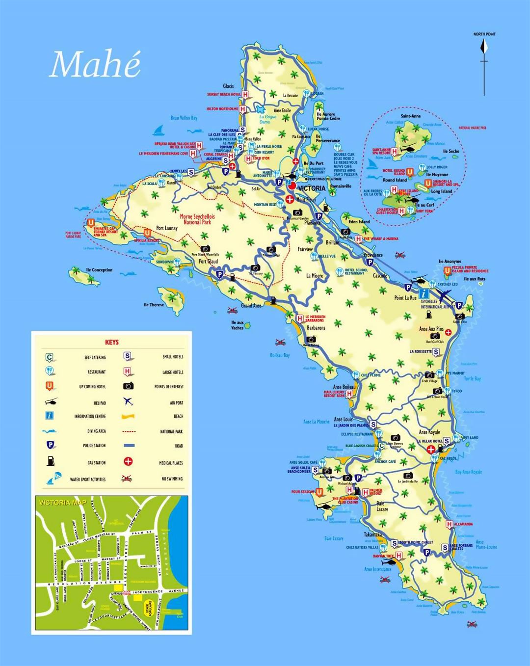 Большая туристическая карта острова Маэ (Сейшельские острова) со всеми пометками