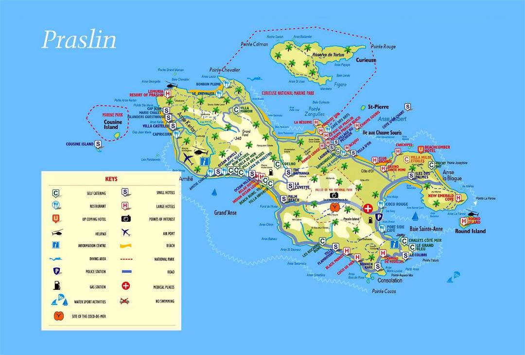 Большая туристическая карта острова Праслин (Сейшельские острова) со всеми пометками