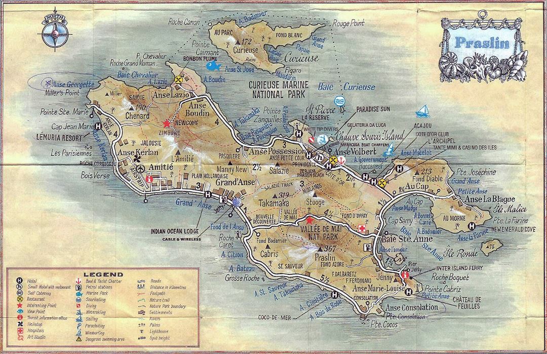 Большая туристическая карта острова Праслин (Сейшельские острова) с другими пометками