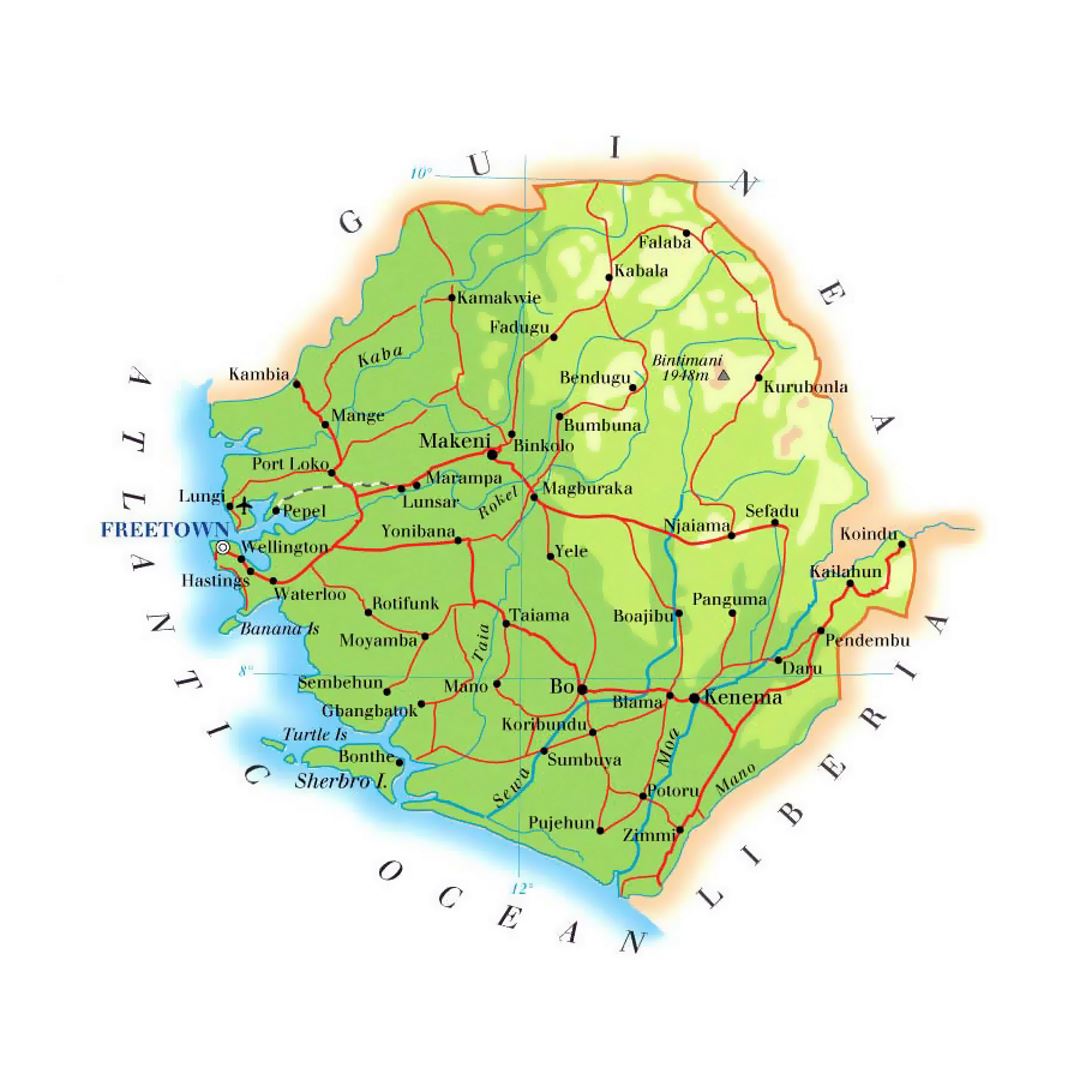 Детальная карта высот Сьерра-Леоне с дорогами, железными дорогами, городами и аэропортами