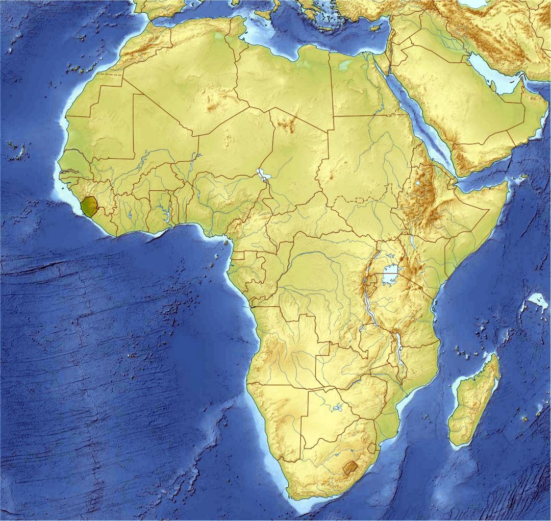 Детальная карта расположения Сьерра-Леоне в Африке с рельефом