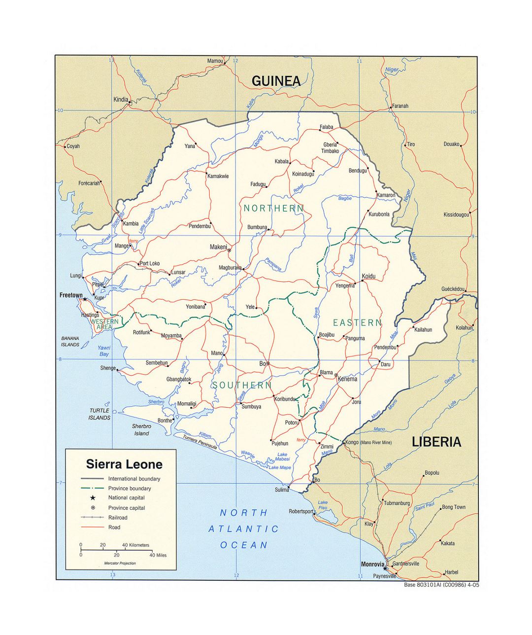 Детальная политическая и административная карта Сьерра-Леоне с дорогами, железными дорогами и крупными городами - 2005