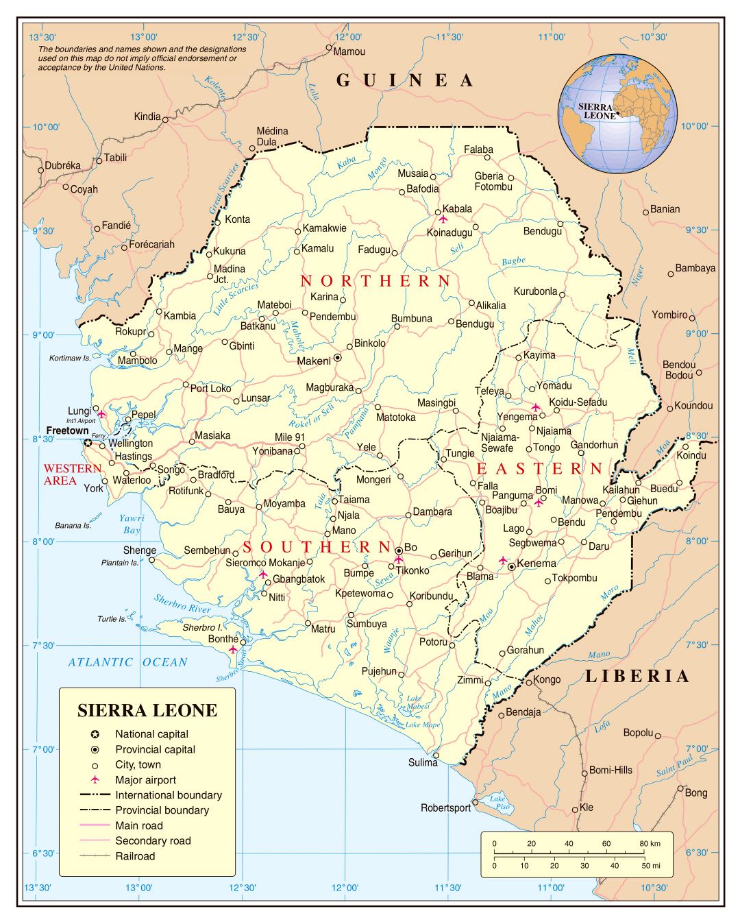 Большая детальная политическая и административная карта Сьерра-Леоне с дорогами, железными дорогами, городами и аэропортами