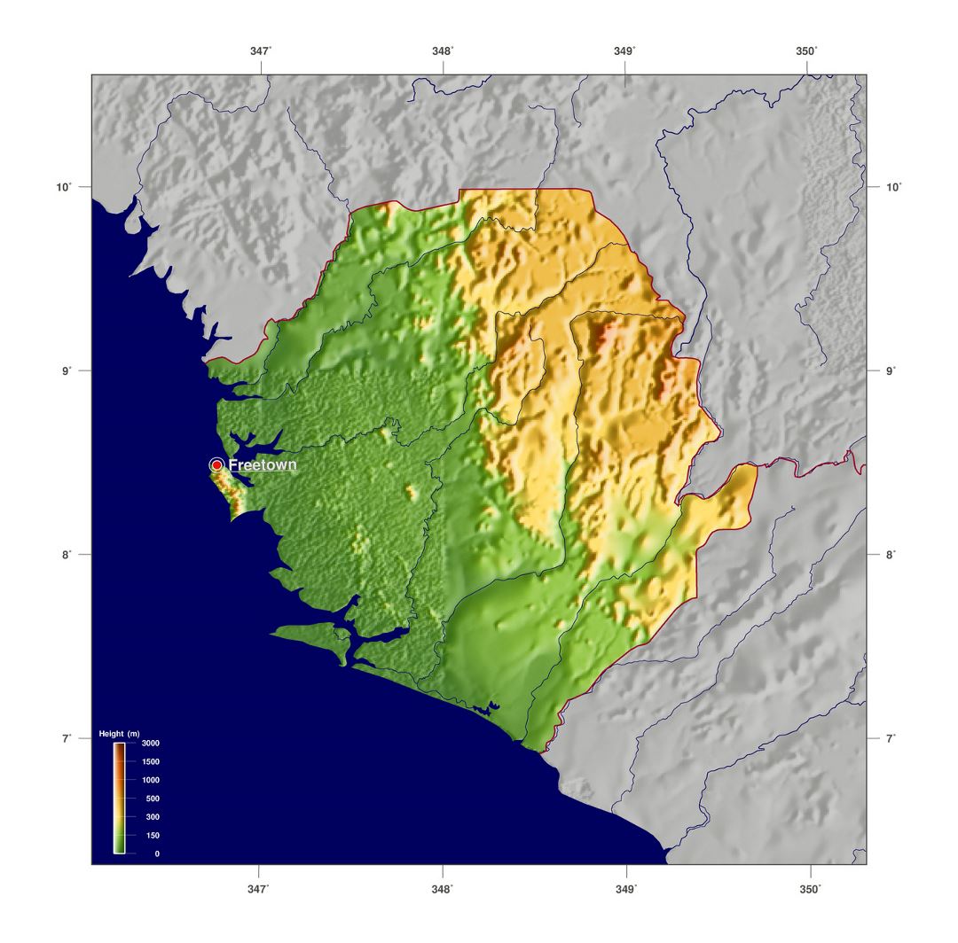 Большая физическая карта Сьерра-Леоне