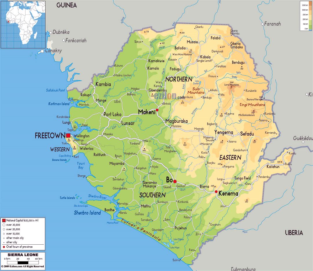 Большая физическая карта Сьерра-Леоне с дорогами, городами и аэропортами
