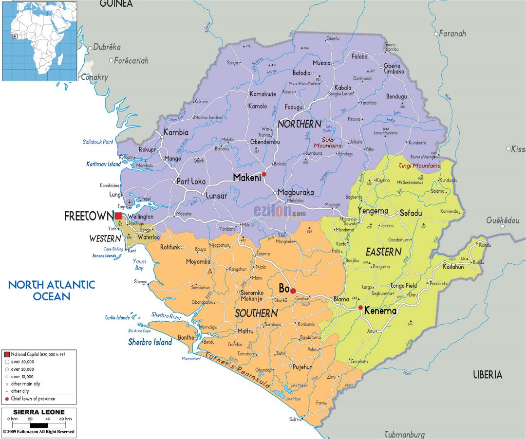 Большая политическая и административная карта Сьерра-Леоне с дорогами, городами и аэропортами