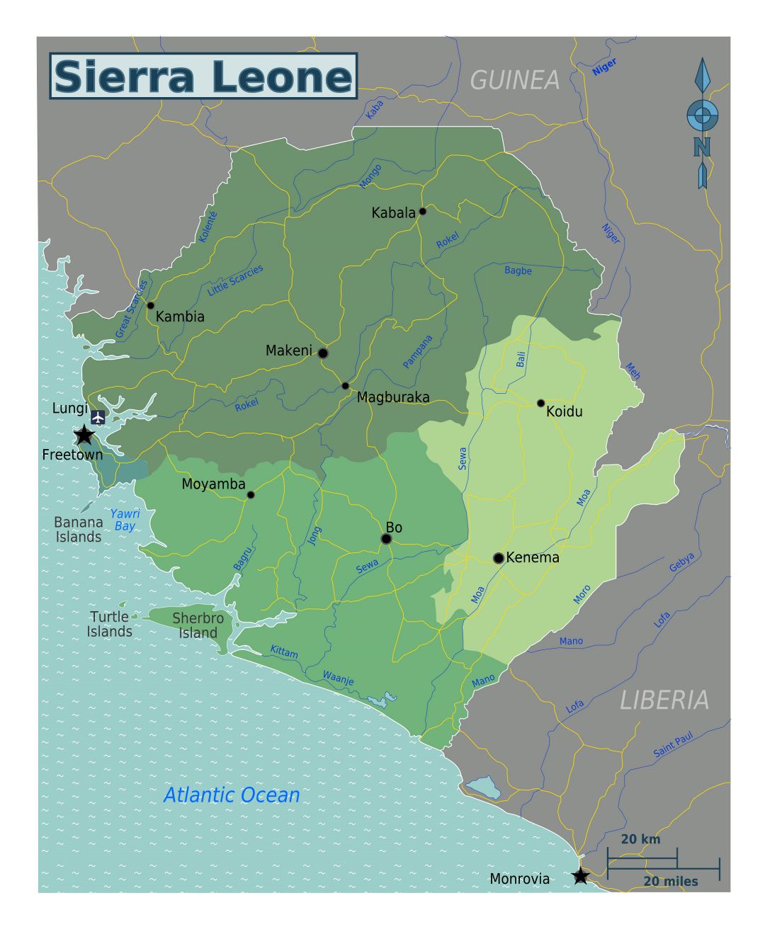 Большая карта регионов Сьерра-Леоне