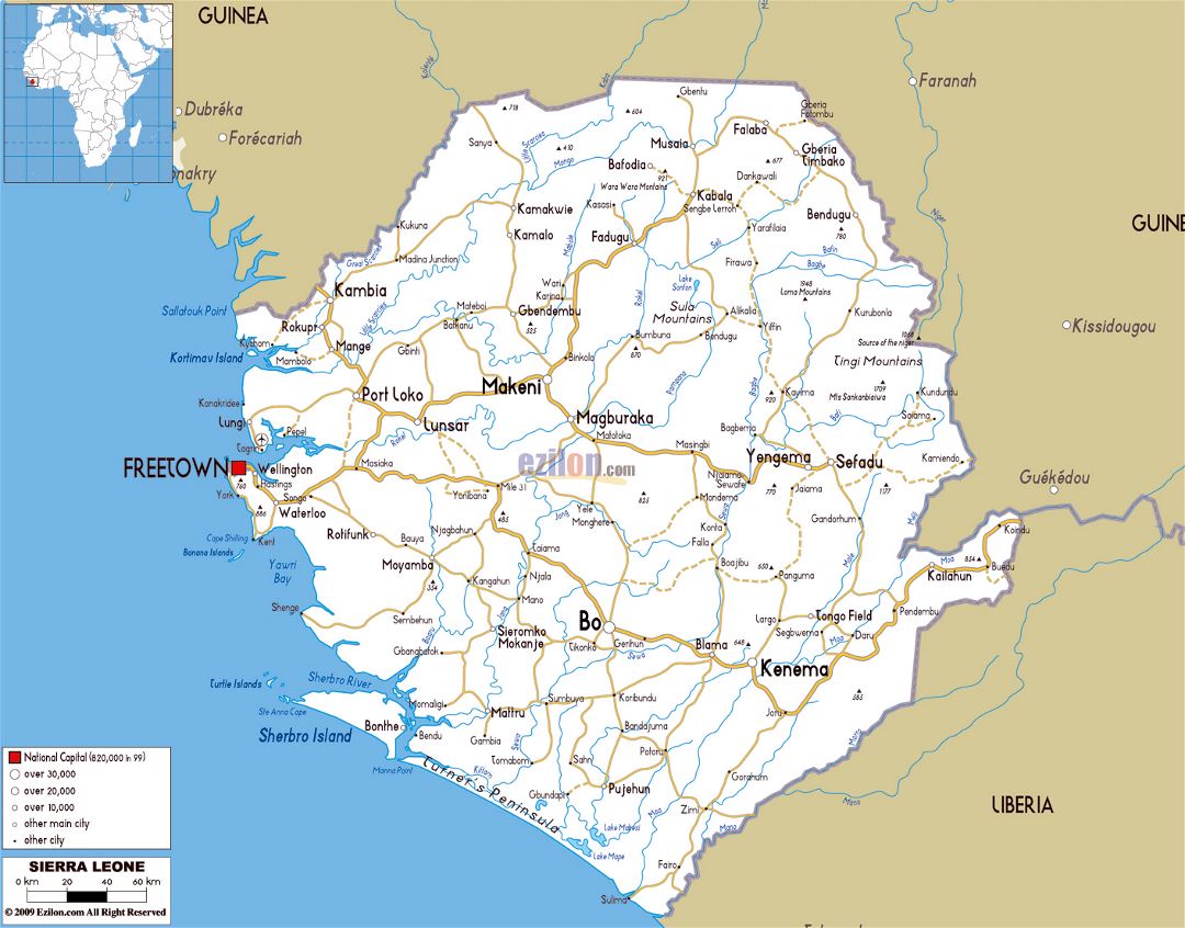 Большая карта дорог Сьерра-Леоне с городами и аэропортами