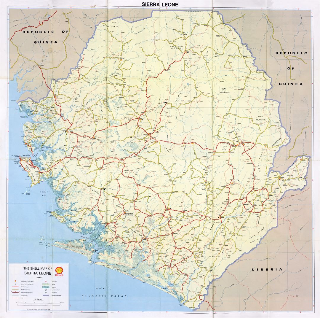 Крупномасштабная детальная карта Shell Сьерра-Леоне со всеми дорогами, городами, аэропортами и другими пометками