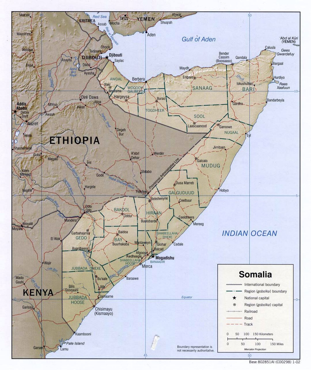 Детальная политическая и административная карта Сомали с рельефом, дорогами, железными дорогами и крупными городами - 2002