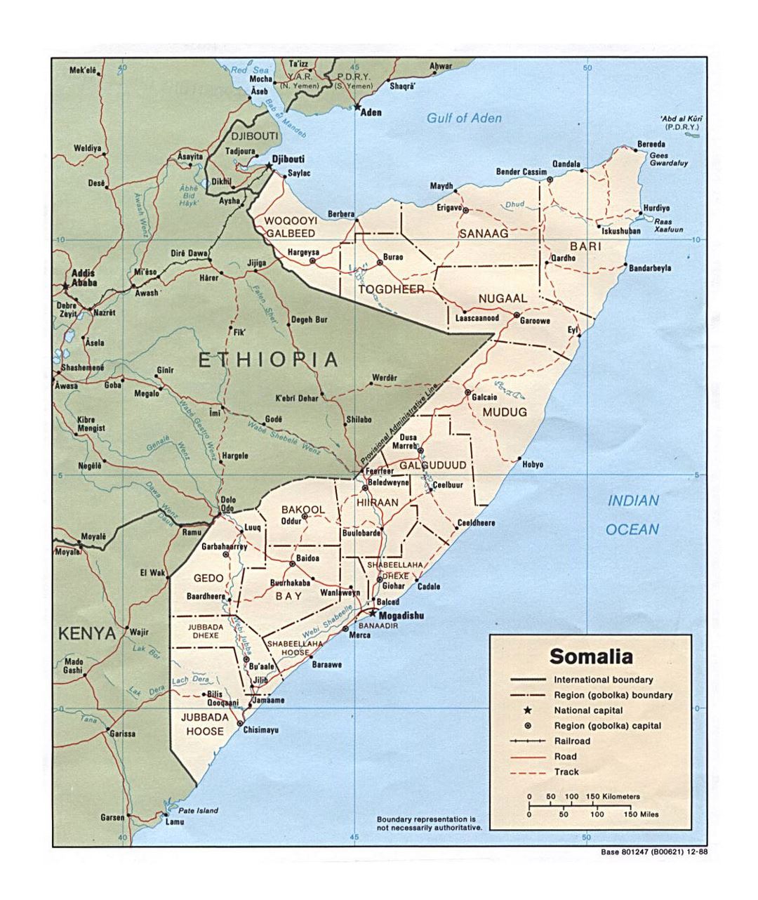 Детальная политическая и административная карта Сомали с дорогами, железными дорогами и городами - 1988