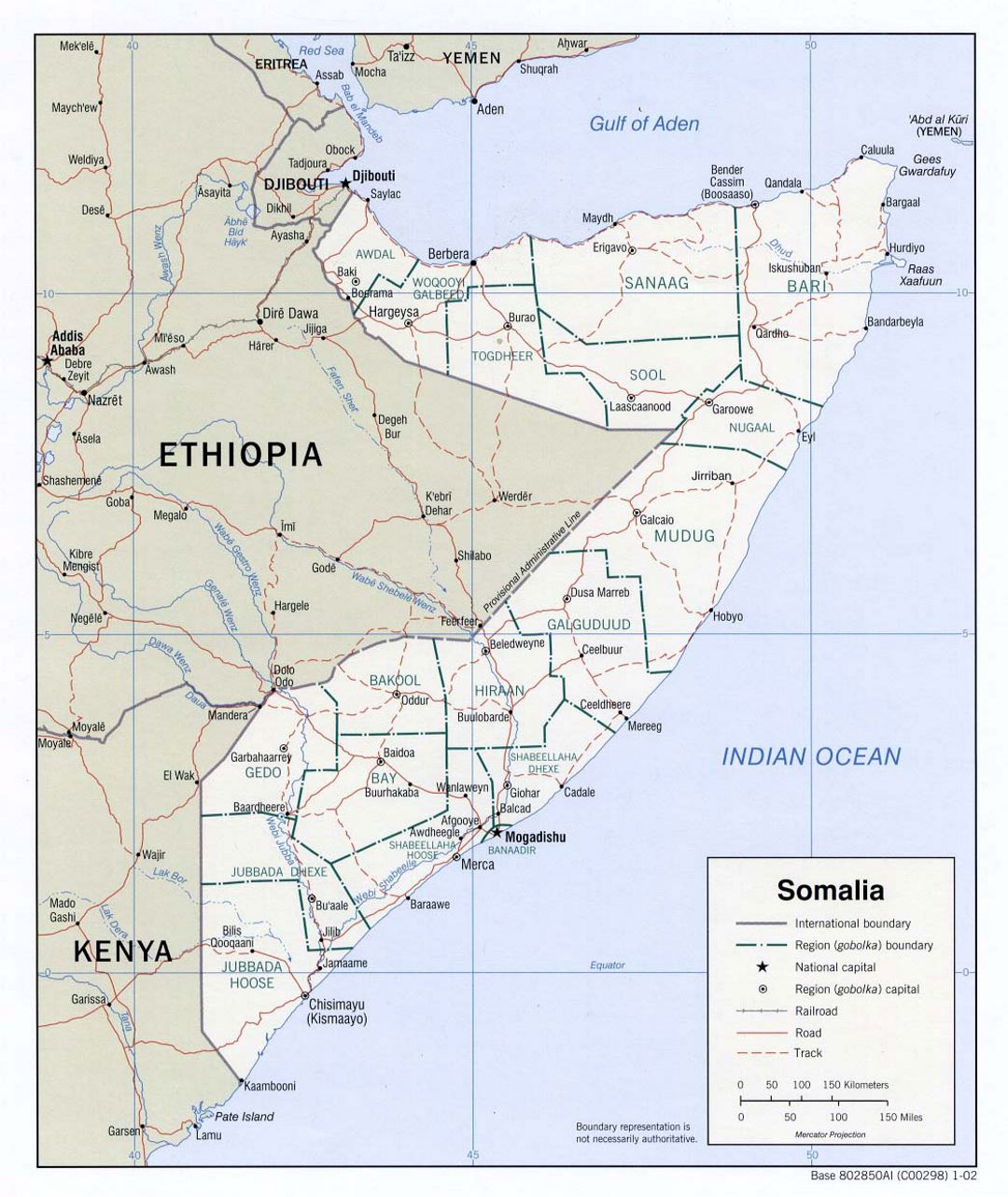 Детальная политическая и административная карта Сомали с дорогами, железными дорогами и крупными городами - 2002
