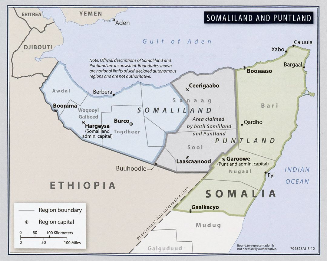 Большая детальная карта Сомали, Сомалиленда и Пунтленда - 2012