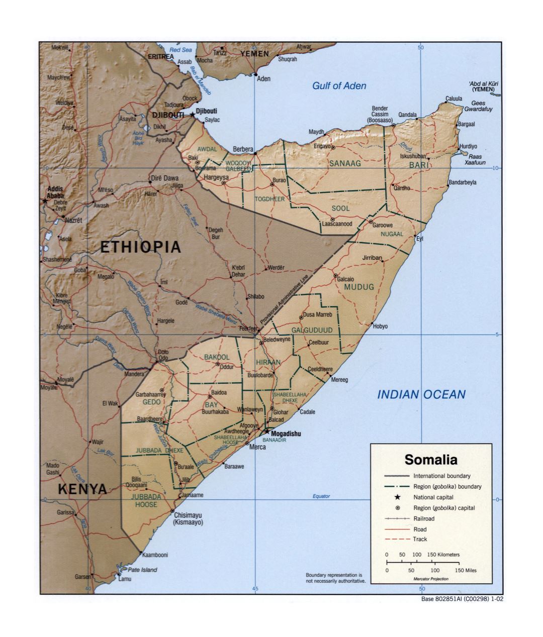 Большая детальная политическая и административная карта Сомали с рельефом, дорогами, железными дорогами и городами - 2002