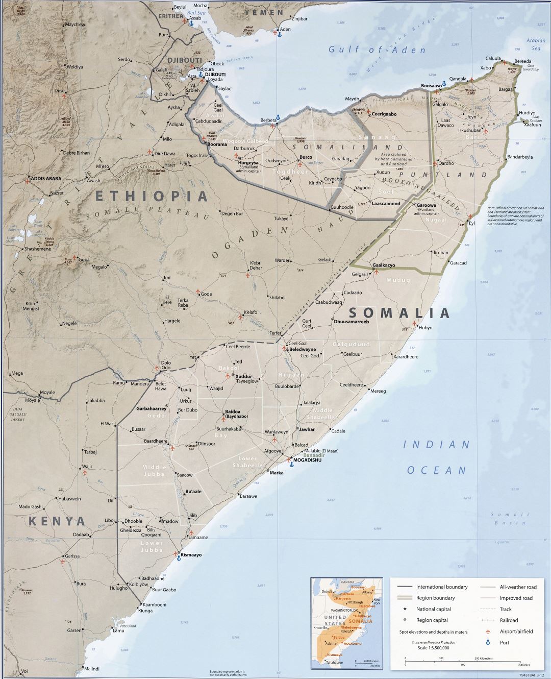 Большая детальная политическая и административная карта Сомали с рельефом, дорогами, железными дорогами, городами, портами, аэропортами и другими пометками - 2012