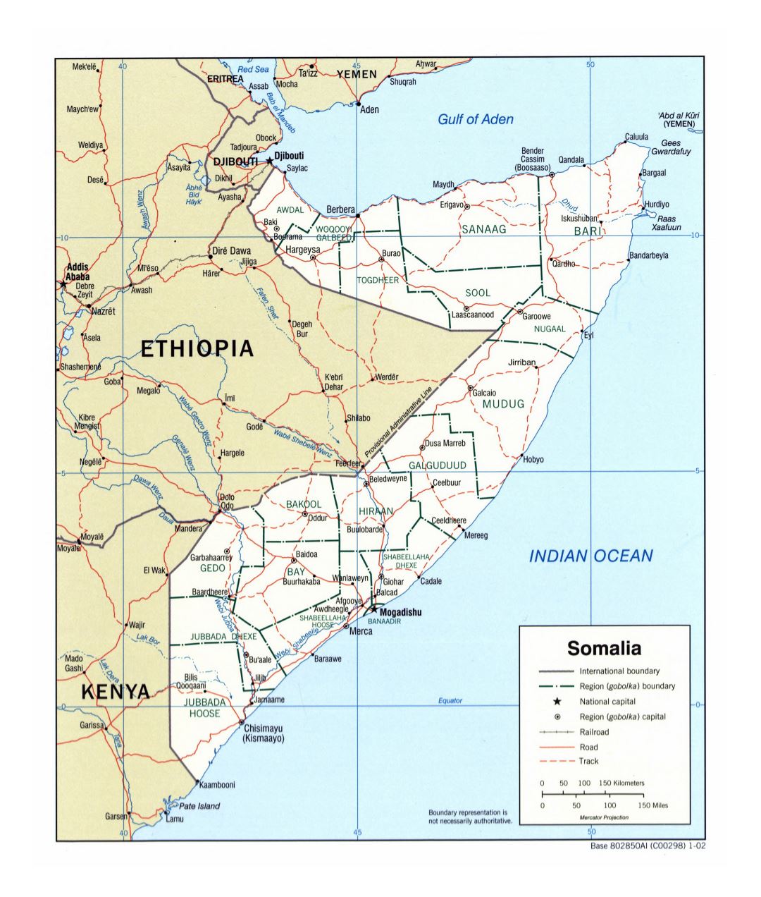 Большая детальная политическая и административная карта Сомали с дорогами, железными дорогами и городами - 2002