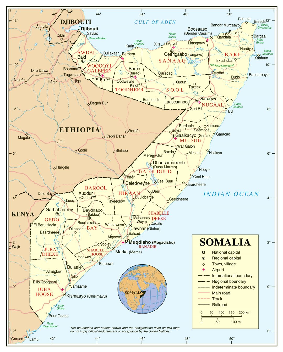 Большая детальная политическая и административная карта Сомали с дорогами, железными дорогами, городами и аэропортами