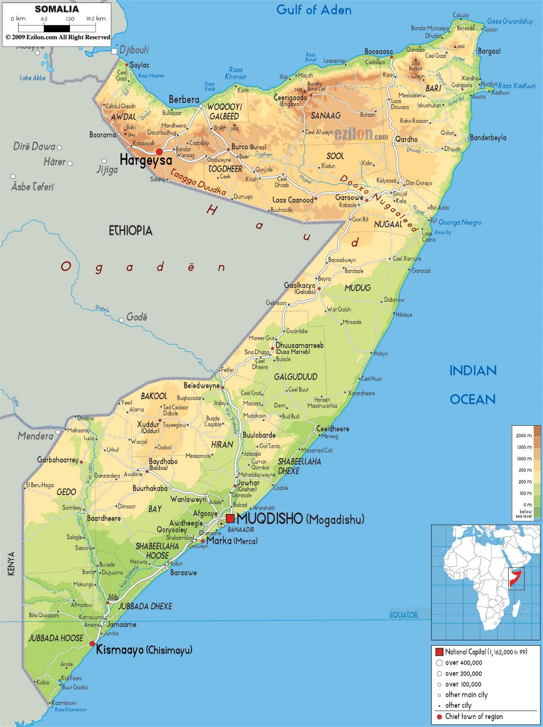 Большая физическая карта Сомали с дорогами, городами и аэропортами