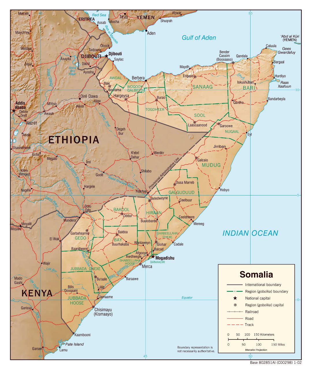 Большая политическая и административная карта Сомали с рельефом, дорогами, железными дорогами и крупными городами - 2002