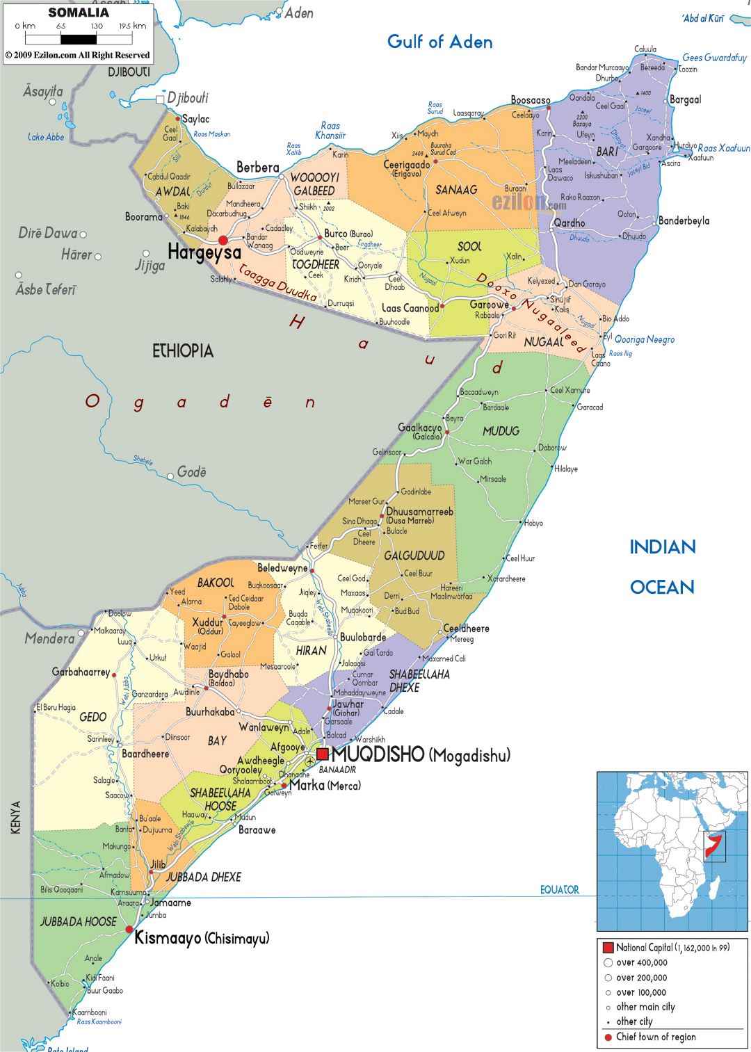 Большая политическая и административная карта Сомали с дорогами, городами и аэропортами